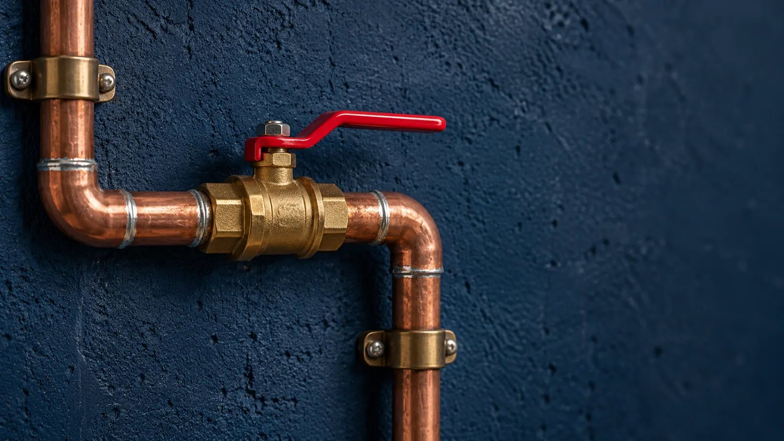 Copper pipework with a brass ball valve and red handle on a navy wall