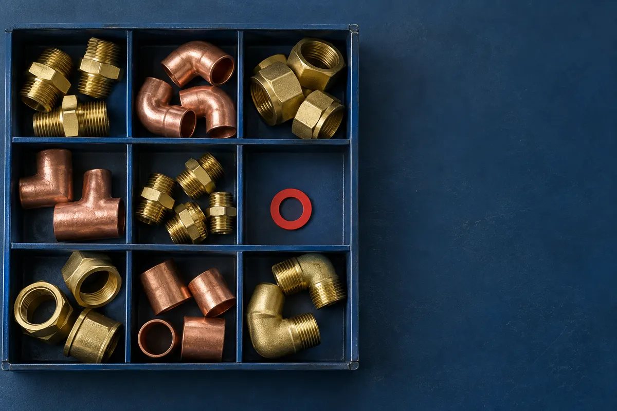 Brass and copper plumbing fittings sorted in a parts tray